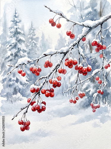 Watercolor painting of red winter berries on snow covered branches.