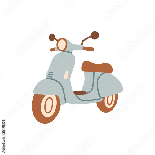 Retro light blue moped vector illustration with brown leather seat and mirrors. Classic Italian style motor scooter graphic element for summer travel, delivery, and stickers