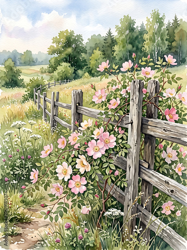 Watercolor painting of wild roses climbing a rustic wooden fence in a summer meadow.