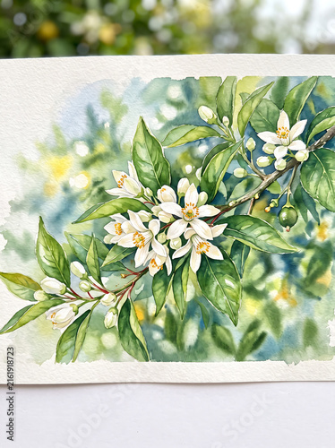 Watercolor painting of white orange blossoms on a green branch.