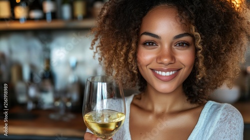 Young woman with curly hair smiling and holding a glass of white wine in a cozy caf? setting with warm lighting and blurred background