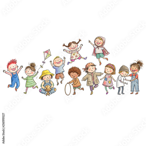 Group of happy diverse children playing together illustration