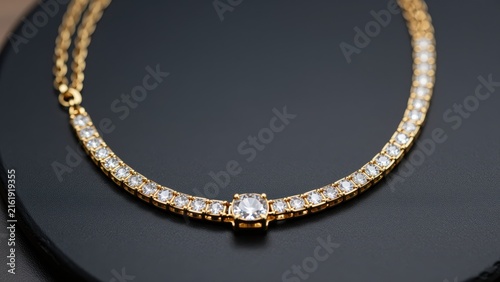 Elegant gold necklace adorned with sparkling cubic zirconia stones, close-up of jewelry, luxury accessories, fine craftsmanship, shiny and intricate design, perfect for fashion or