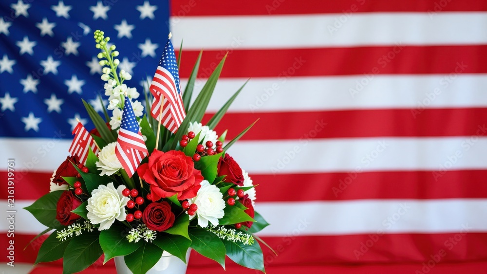 Obraz premium American patriotic floral arrangement with red roses, white carnations, small American flags, and green foliage against a waving American flag background