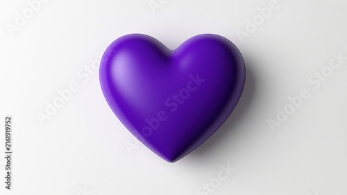 Purple heart-shaped object with glossy surface and smooth texture, symbol of love and compassion, on a plain white background for health and wellness themes