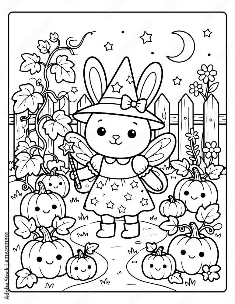 Fototapeta premium Halloween coloring page with spooky objects, hand drawn cute Halloween coloring Page 