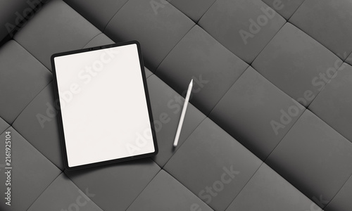 tablet smartphone white isolated color mockup empty blank sofa grey color technology touchscreen digital modern computer lifestyle copy space present marketing advertisement product sale buy pencil