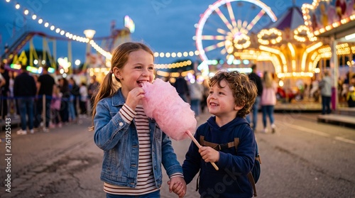 Joyful siblings sharing pink cotton candy at a vibrant amusement park during twilight