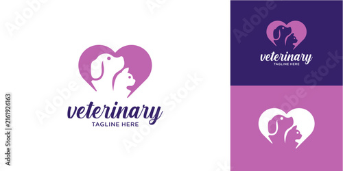 Veterinary logo design featuring a dog and cat silhouette inside a purple heart frame.