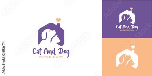 Veterinary clinic logo icon displaying a dog and cat silhouette inside a house with a heart.