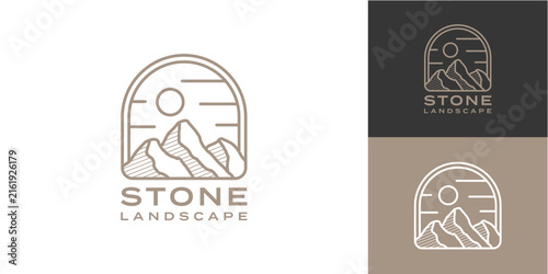 Mountain landscape logo design featuring minimalist line art with peak and sun elements inside an arch frame.