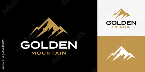 Mountain peak logo template featuring sharp golden alpine silhouettes on dark background.