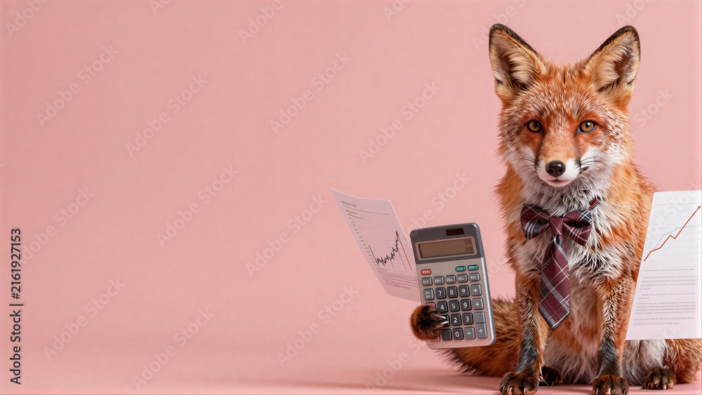Naklejka premium A fox in a tie holds calculator and charts, symbolizing financial savvy.