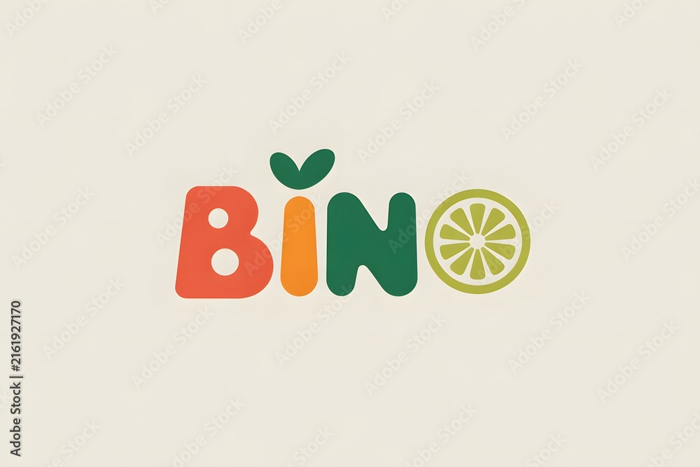 Naklejka premium A playful BINO logo in colorful letters with a green leaf and a lime slice