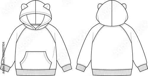 Animal Ear Hooded Pullover Sweatshirt Technical Fashion Flat Sketch Front and Back Views.