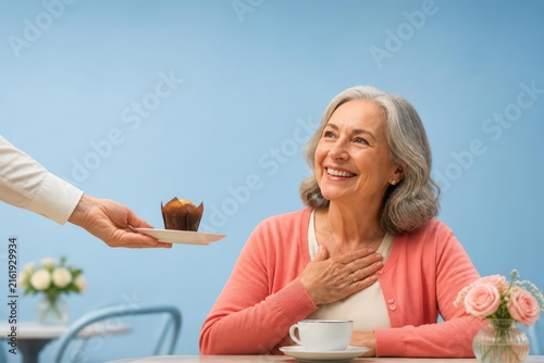 Senior woman receiving pastry with gratitude