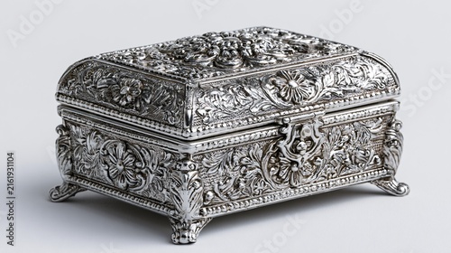 Elegant Silver Metal Jewelry Box with Engraved Lid Isolated on White Background