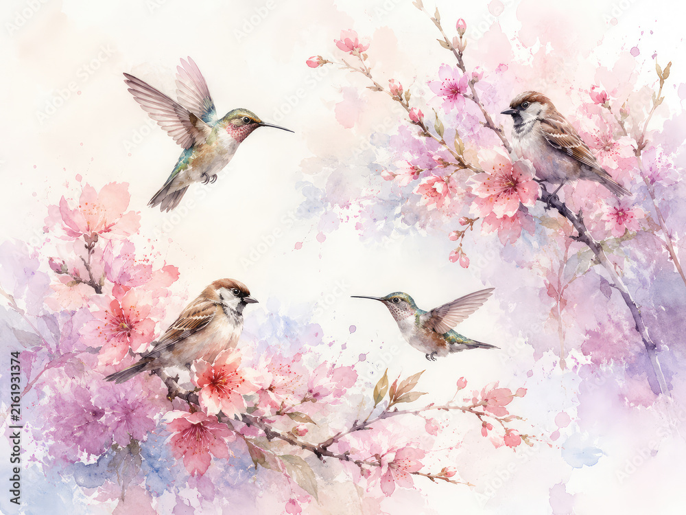 Naklejka premium Watercolor Hummingbirds and Sparrows Among Pink Spring Blossoms