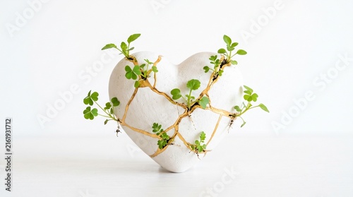 Ceramic broken heart repaired with gold kintsugi with green sprout plants growing on clean white background, emotional healing resilience hope and world mental health day concept