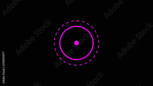 Bright magenta geometric featuring a central dot, solid ring, and dashed outer ring on a black canvas.