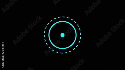 Vibrant cyan geometric symbol with a central dot, solid ring, and dashed outer ring on a black background.