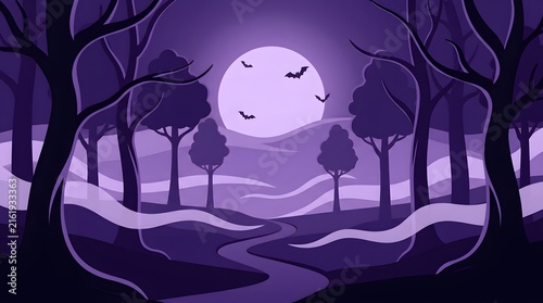 Spooky Halloween Forest Background Vector Illustration With Full Moon And Bats