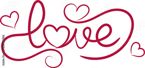Love Hand Lettering with Heart Flourishes, Romantic Calligraphy Vector Illustration