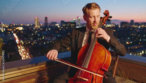 Professional Male Cellist Performing Music on Rooftop Overlooking City Skyline at Twilight