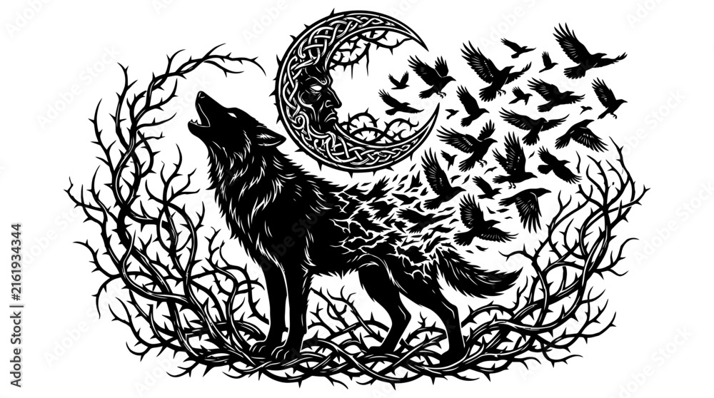 Naklejka premium Wolf howling at crescent moon with flying ravens and thorns