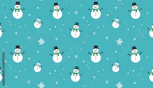 Obraz na płótnie かわいい雪だるまと雪の結晶の冬のシームレスパターン背景イラスト