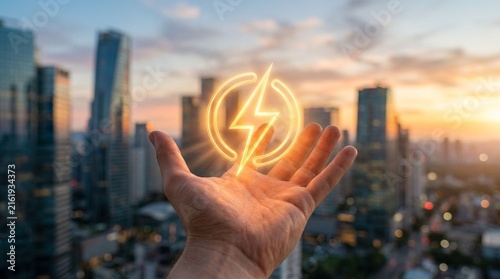 Hand holding glowing electric lightning symbol over modern city skyscrapers at sunset, symbolizing green power and sustainable technology
