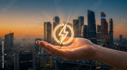 Open hand displaying radiant lightning power icon against metropolitan city skyline, symbolizing electrical innovation and clean energy future