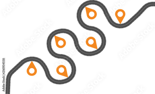 Winding road map path with orange navigation pins showing a travel journey on a white background