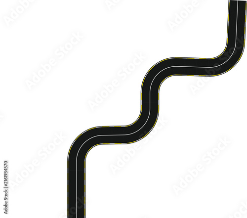 Winding black asphalt road with white lines isolated on a clean white background
