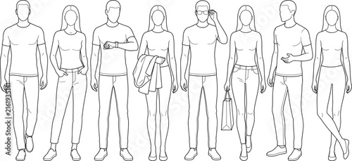 Vector line art set of men and women standing in casual outfits and full body poses.