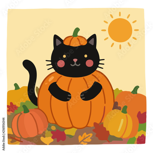 Black Cat Ghost Holding Pumpkin Basket Night Sky Kawaii