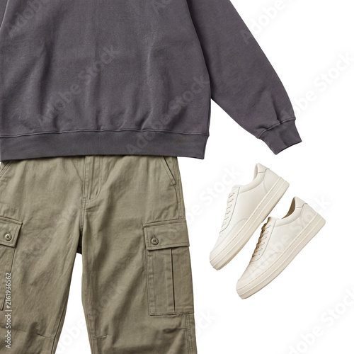 Obraz na płótnie Casual men's fashion outfit, including a stylish dark gray sweatshirt, comfortable olive green cargo pants