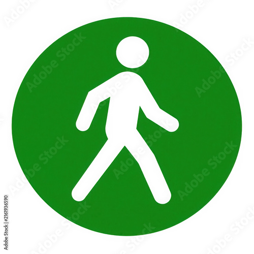 Green pedestrian safety icon featuring a white walking figure on a circular background with displays green illustration information evacuation