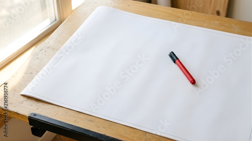 Blank blueprint paper with red marker on a wooden drafting table