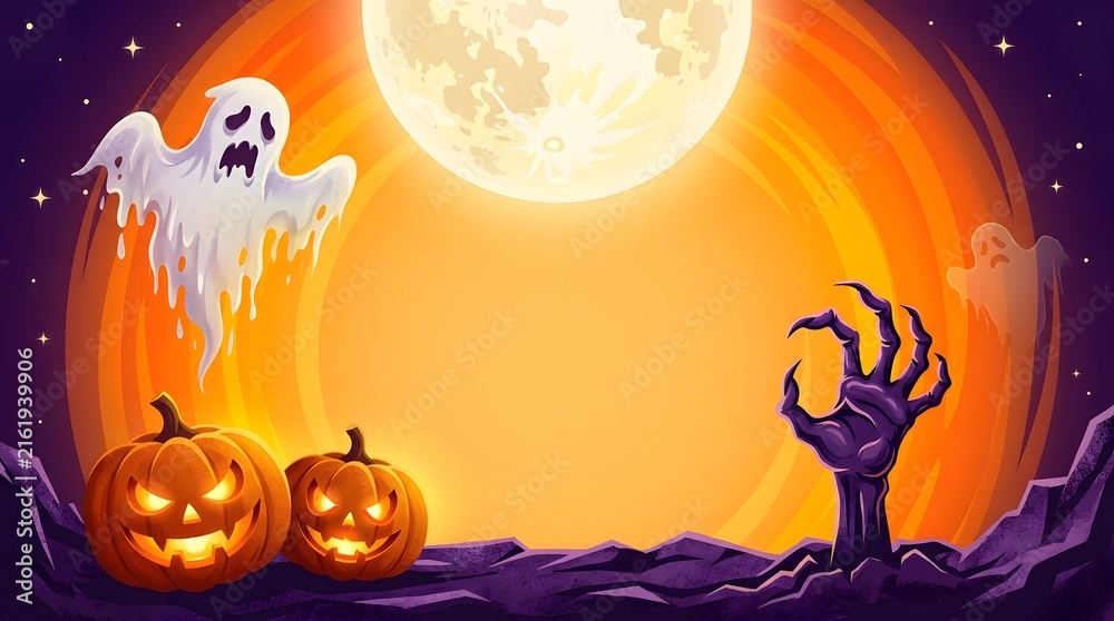 Fototapeta premium Vibrant orange Halloween banner featuring a big bright full moon, flying white ghost, scary zombie hand, and glowing jack-o'-lantern pumpkins on the ground.
