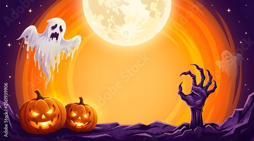 Vibrant orange Halloween banner featuring a big bright full moon, flying white ghost, scary zombie hand, and glowing jack-o'-lantern pumpkins on the ground.