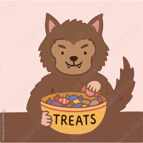 Werewolf Character Holding Candy Bowl Kawaii Halloween