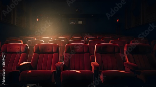 Empty movie theater with rows of red velvet seats and warm spotlight illumination.