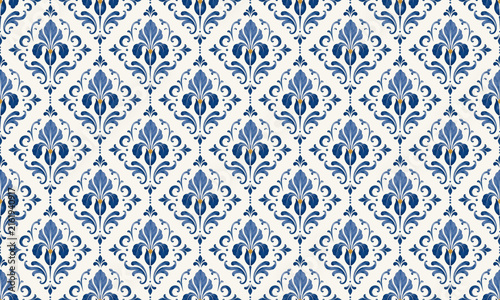 pattern, seamless, iris, lily, fleur-de-lis, floral, flower, botanical, leaf, leaves, scroll, swirl, curl, damask, 