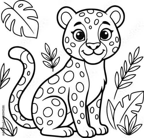 Photography Cute leopard coloring page for kids, cartoon baby jaguar vector illustration, sp