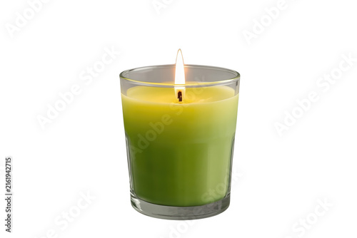 Small green candle with glowing flame