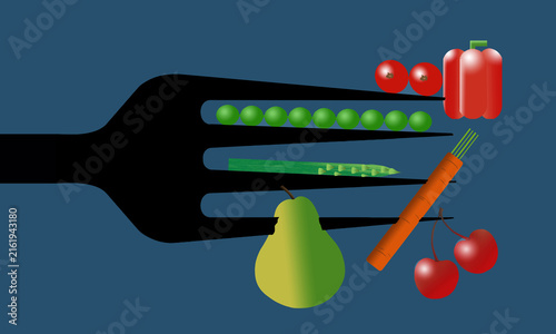Healthy foods, fruits and vegetables are seen impaled on a fork in an illustration about nutrition.