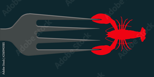 A dinner fork and a bright red lobster unite to form a graphic design about fine dining and seafood.