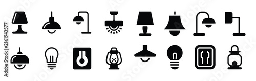 Lighting fixtures and bulbs vector icon set. various types of lamps for home and office illumination isolated.