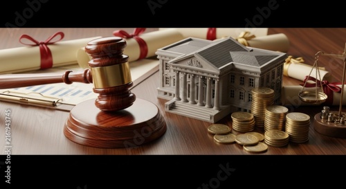 A polished wooden gavel beside a miniature bank building, stacks of coins, financial contracts, and a balance scale, representing banking laws